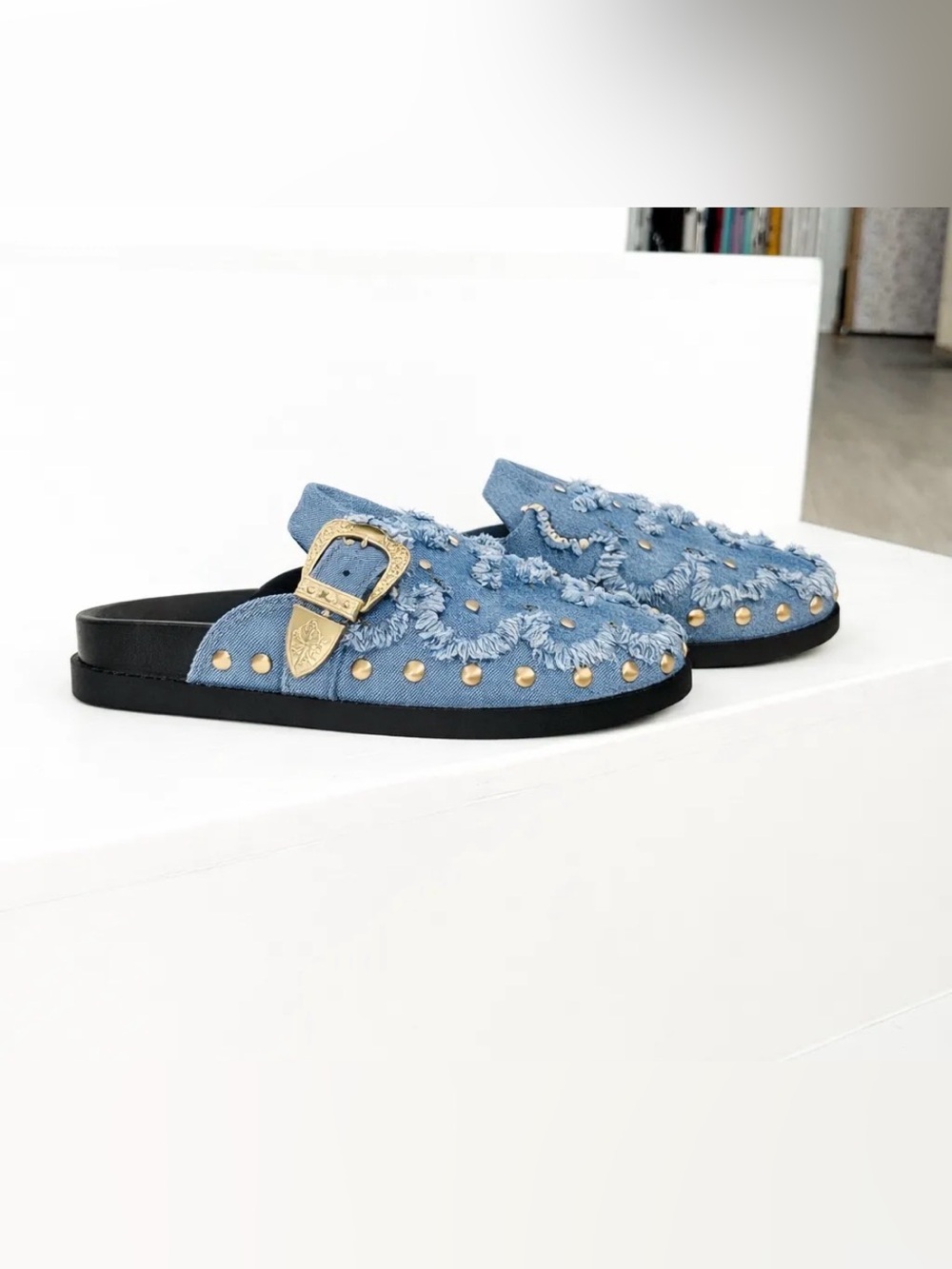 Azalea Wang Denim Blue Studded Slip-On Mules with Ornate Gold Buckle